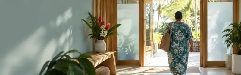 A woman walking through a sunlit foyer toward open doors.
