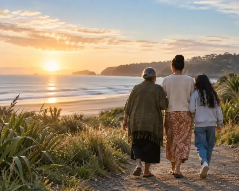 Three generations walking together along a coastal path at sunset.