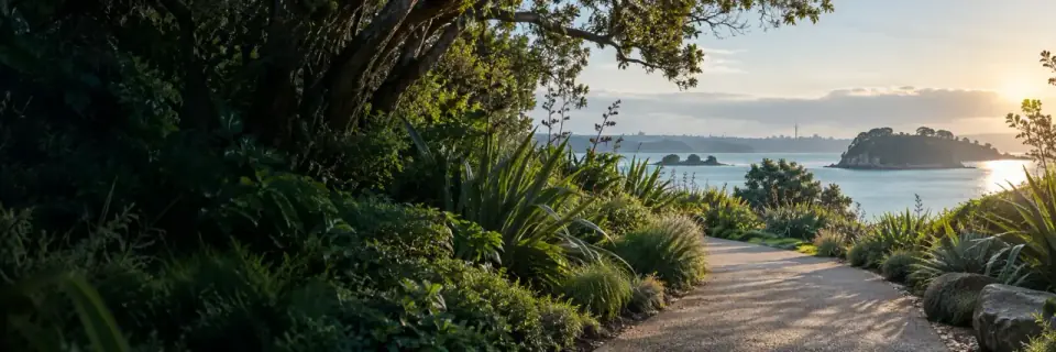 A garden path through native plants looking out to the Waitematā Harbour.